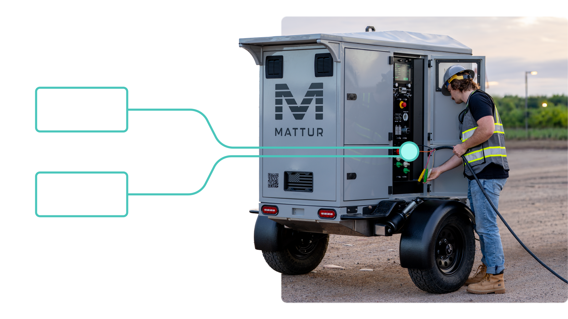 Mattur Edge trailer showing simultaneous single- and three-phase power outputs